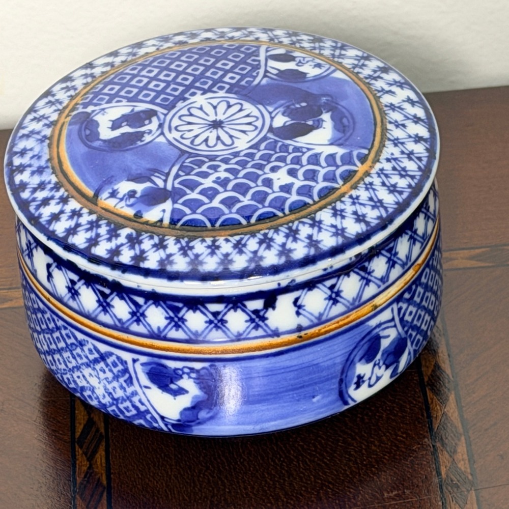 Fitz Floyd Shonzui Cobalt Blue Round Trinket Box Lid Koi Fish Hand Painted Japan